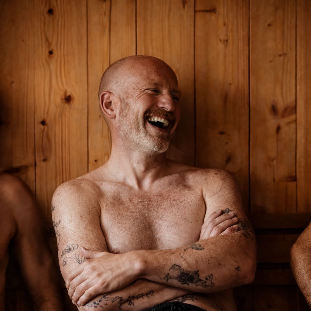 Man laughing in the sauna